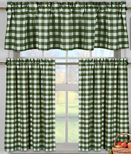 lovemyfabric Poly Cotton Gingham Checkered Plaid Design 3-Piece Kitchen Curtain Valance Window Treatment Set (Hunter Green)