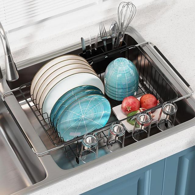 JASIWAY Dish Drying Rack in Sink - Expandable Stainless Steel Dish Drainers for Kitchen Counter, Dish Dryer Rack for Inside Sink, Over The Sink Dish Racks with Utensil Holder, Black
