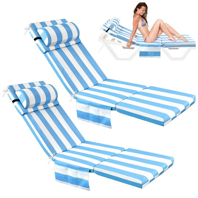 Wenqik 2 Pcs Outdoor Chaise Lounge Cushion with Pillow and Side Pocket Waterproof Lounge Chair Cushions with Pocket on Back 72 x 21 x 4 Inch Patio Pool Replacement Pad (Sky Blue and White)