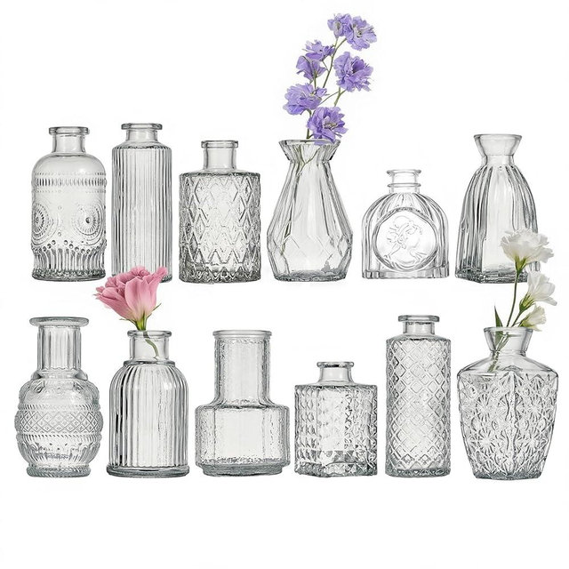 Tahnach Glass Bud Vase Set of 12 Pcs Small Minimalist Vases for Flowers, Vintage Rustic Home Decor for Table Centerpiece Wedding Party, Modern Clear Aromatherapy Bottle for Living Room Bedroom