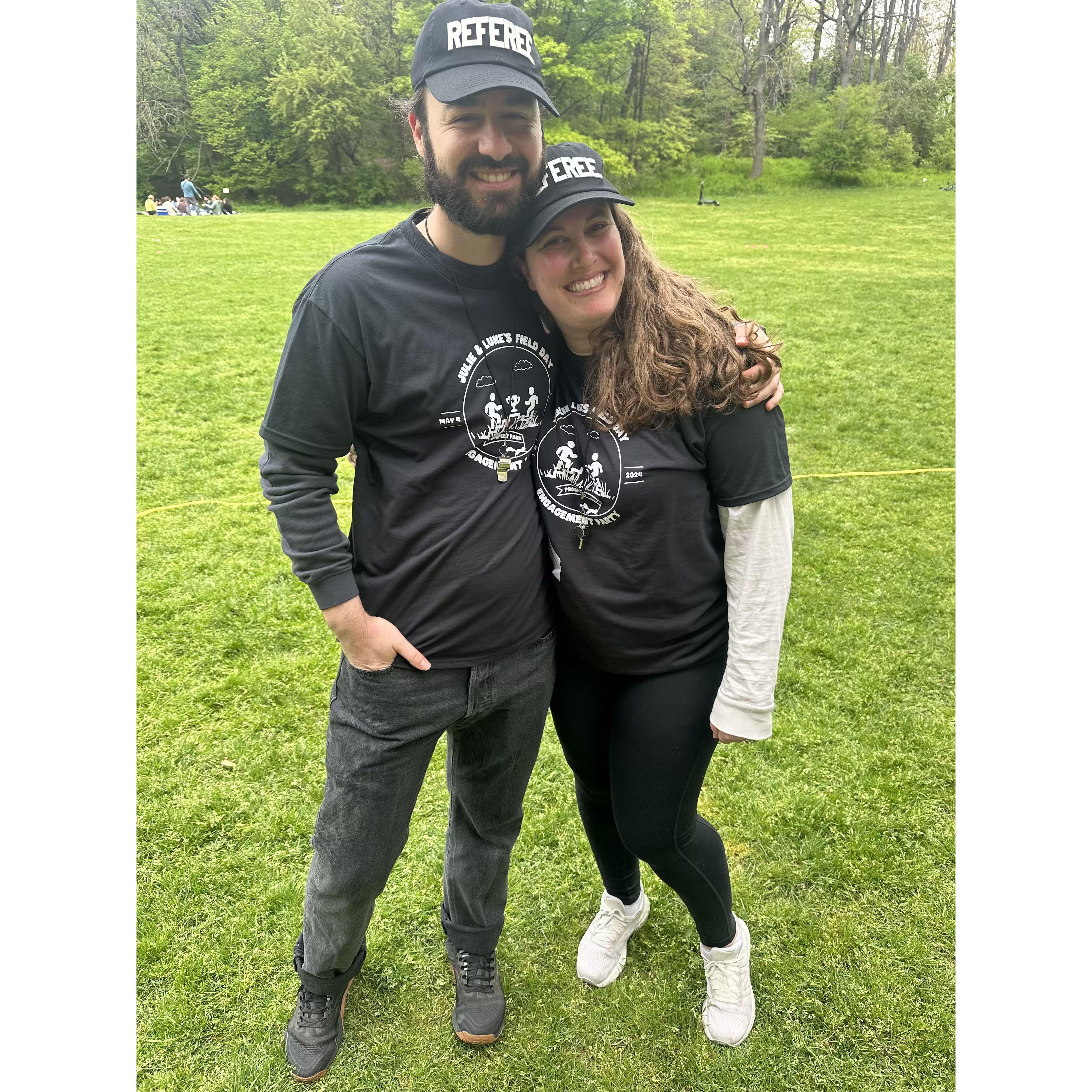 Taking a quick break from calling the shots at our Field Day Engagement Party.