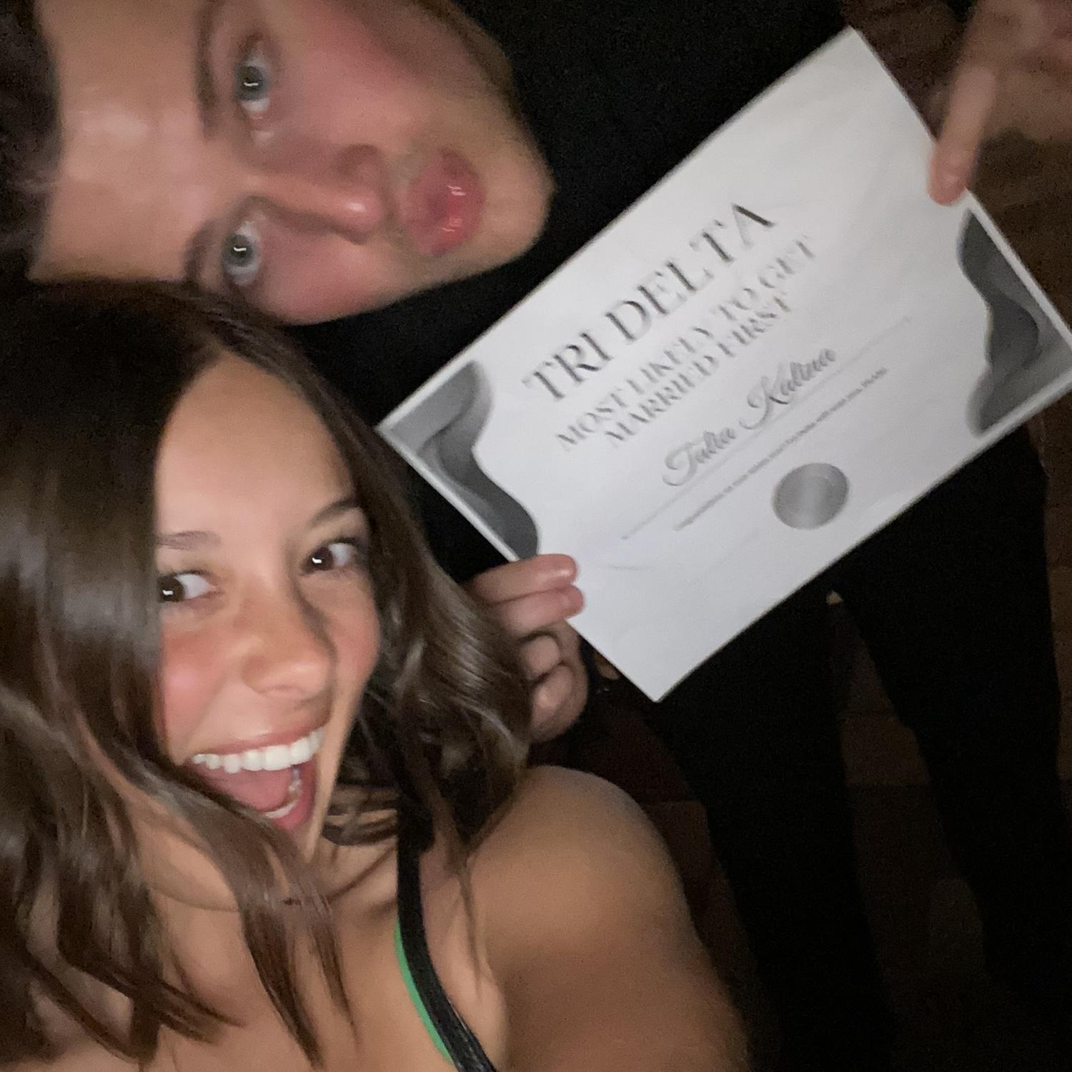 Superlative for most likely to get married first at Tri Delta formal.