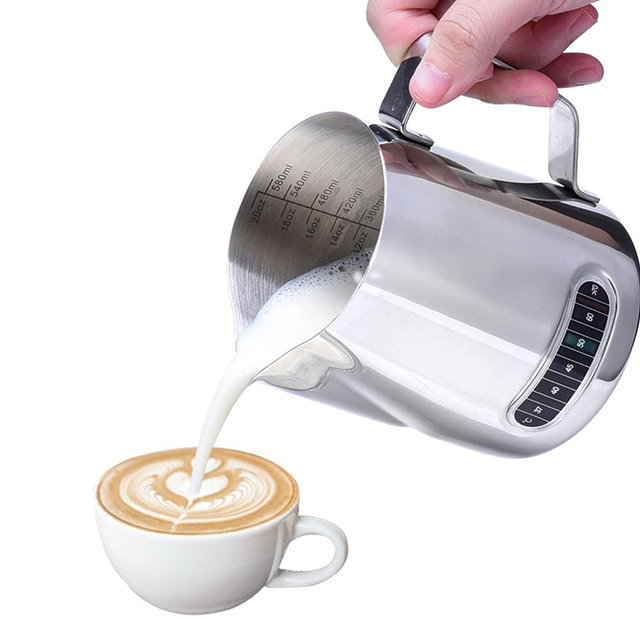 Dailyart 600ml/20 Oz milk frothing pitcher with Integrated Thermometer, 304 Stainless Steel milk frother cup, Espresso Accessories, Barista Tool, milk steamer cup for Cappuccino, Latte Art