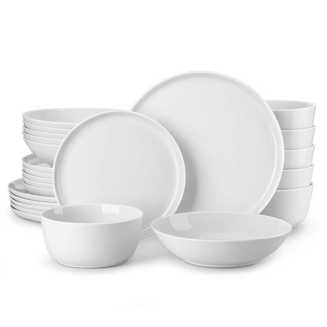 MALACASA 24 Pieces Gourmet Porcelain Dinnerware Sets, Premium Plates and Bowls Set, High-Fired Ceramic Dishes Set for 6, Chip & Scratch Resistant, Microwave Dishwasher Safe, White, Series LEXI