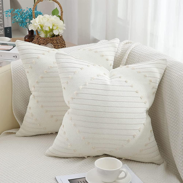 Boho Throw Pillow Covers Beige and White Pillow Covers 18X18 Set of 2 Farmhouse Decorative Pillow Covers for Couch Sofa Living Room
