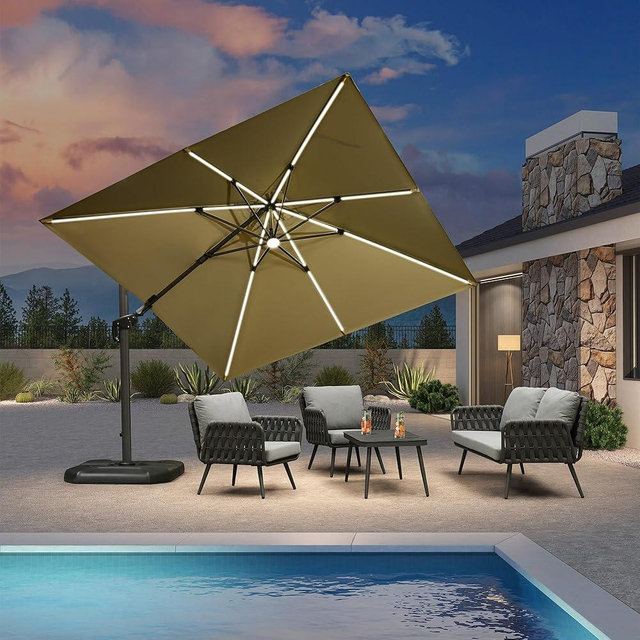PURPLE LEAF 10 Feet Patio Umbrella Outdoor Cantilever Solar Powered LED Swivel Square Umbrella Aluminum Offset Umbrella with 360-degree Rotation for Garden Deck Pool Patio, Beige