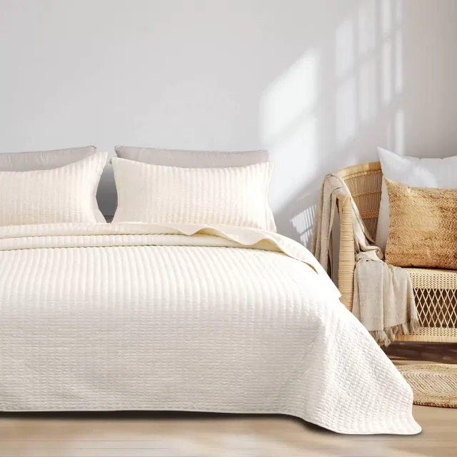 3pc Full/Queen Solid Basketweave Quilt Bedding Set Cream - Isla Jade: Contemporary Style, Stain-Resistant, OEKO-TEX Certified