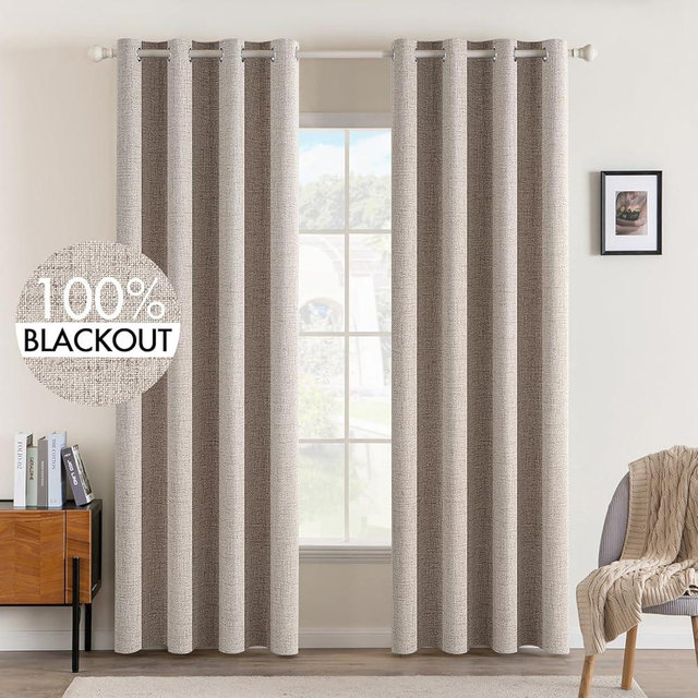 MIULEE Linen Texture Curtains for Bedroom Solid 100% Blackout Thermal Insulated Khaki Curtains Grommet Room Darkening Drapes for Living Room Nursery 52x108 Inch (2 Panels)