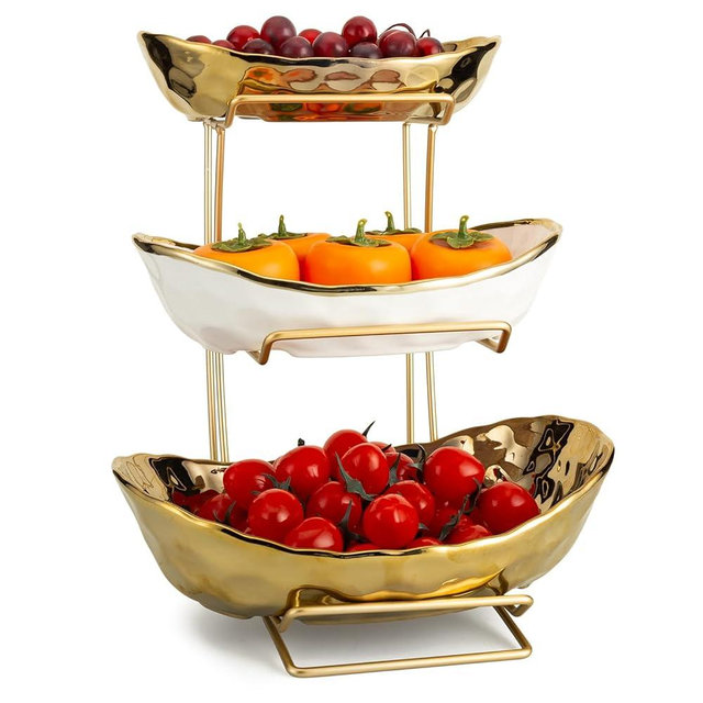 MEIGLQEA 3 Tier Fruit Bowl for Kitchen Counter, Ceramic White Gold Fruit Bowl Fruit Tray with Metal Stand, Tiered Fruit Basket Fruit Rack for Snacks Nuts Bread Candy Storage (Gold triple layer)