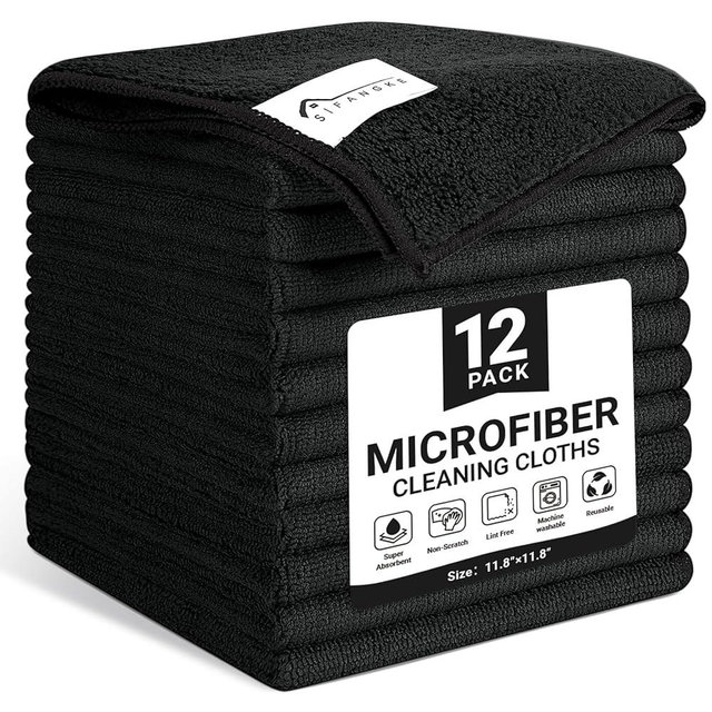 SIFANGKE Microfiber Cleaning Cloth, 12 Pack Lint-Free and Highly Absorbent Rags, Black Reusable Microfiber Towels for Car, Kitchen, Bathroom and Household Cleaning Supplies, 11.8"X11.8"