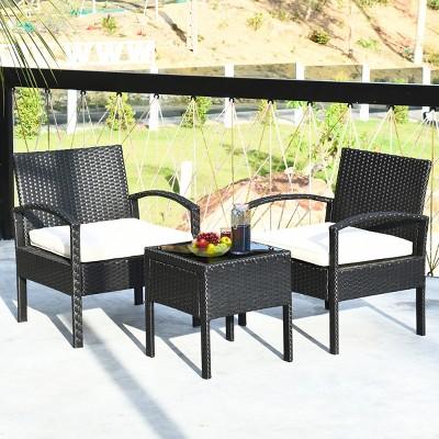 Costway 3PCS Patio Rattan Furniture Set Table & Chairs Set with Seat Cushions Garden