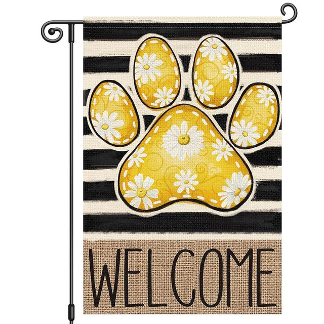 Louise Maelys Welcome Summer Garden Flag Daisy Dog Paw 12x18 Inch Spring Double Sided Floral Small Burlap Holiday Yard Outdoor Sign Outside Home House Black Stripe Decor