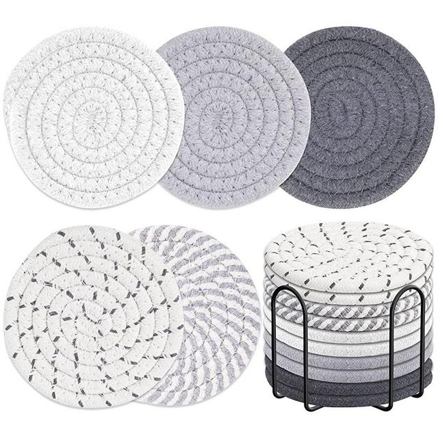 10 Pieces Coasters for Drink Absorbent, Billbotk 5 Colors Drink Coasters with Holder, Woven Coasters Set for Coffee Table, Wooden Table Decor, Home Decor, 4.3 Inches