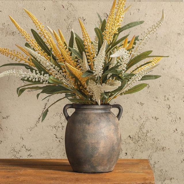 Dobbyby Ceramic Flower Vase 7.6 inch Farmhouse Rustic Vase Decorative Pottery Terracotta Vases for Home Decor Table Mantle Fireplace Living Room Bathroom Wedding Centerpiece (Black)