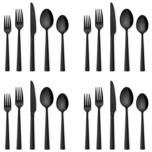 LIANYU Stainless Steel Black Silverware Set, 20-Piece Square Flatware Cutlery Set for 4, Kitchen Restaurant Party Eating Utensils Tableware, Mirror Finish, Dishwasher Safe