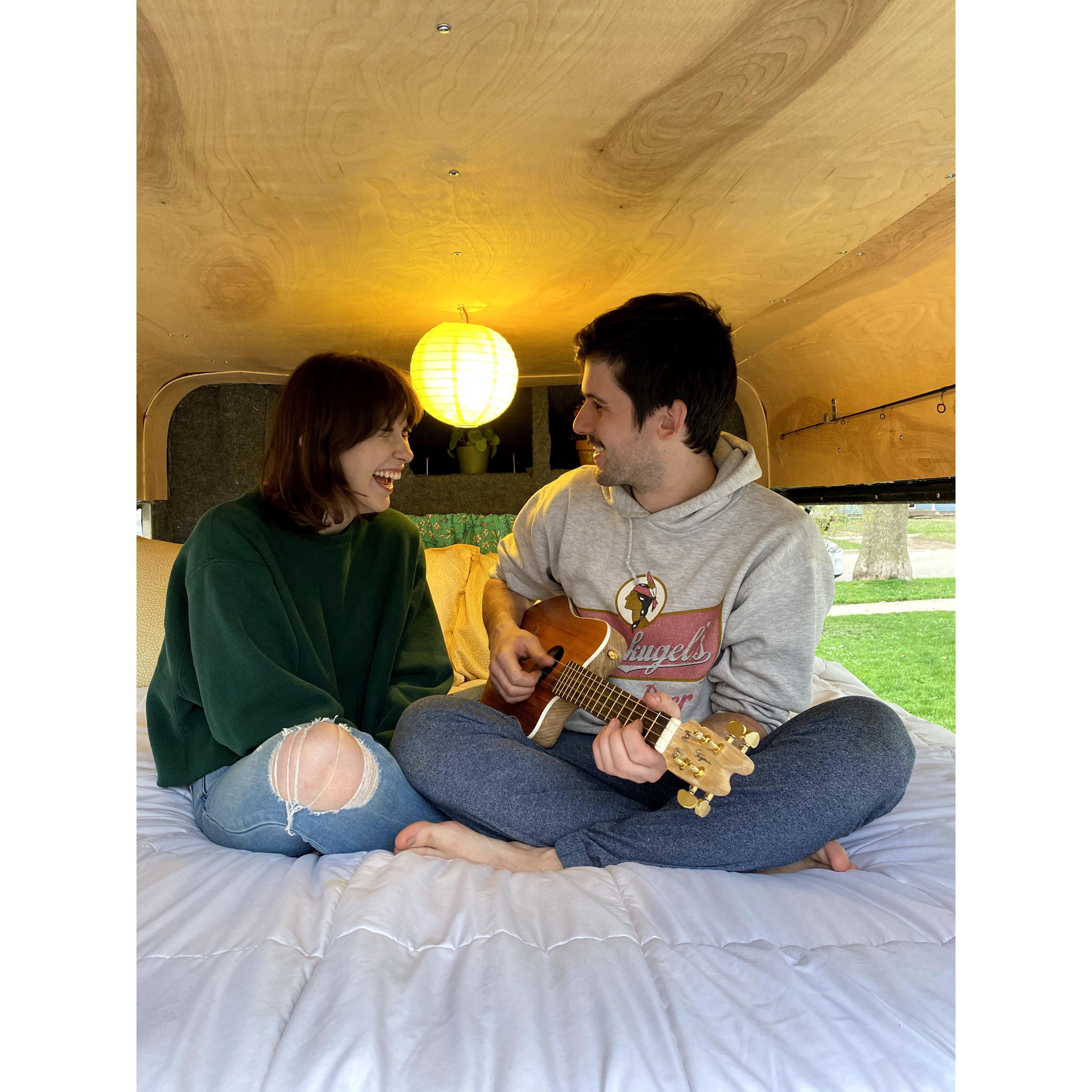 Trev serenades Bella in the truck topper.