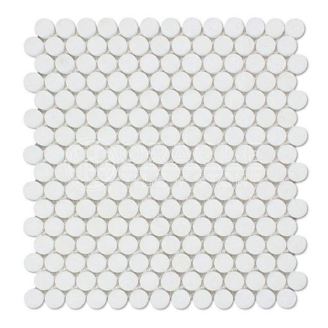 Thassos White Greek Marble Penny Round Mosaic Tile, Honed