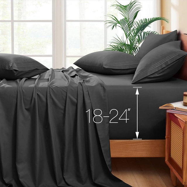 Horbaunal Extra Deep Pocket Queen Sheets - Fits Mattress 18-24 Inches Deep - 6 Pieces Hotel Luxury 1800 Thread Count Microfiber Sheet Set - Ultra Soft Dark Grey Queen Size Bed Sheets