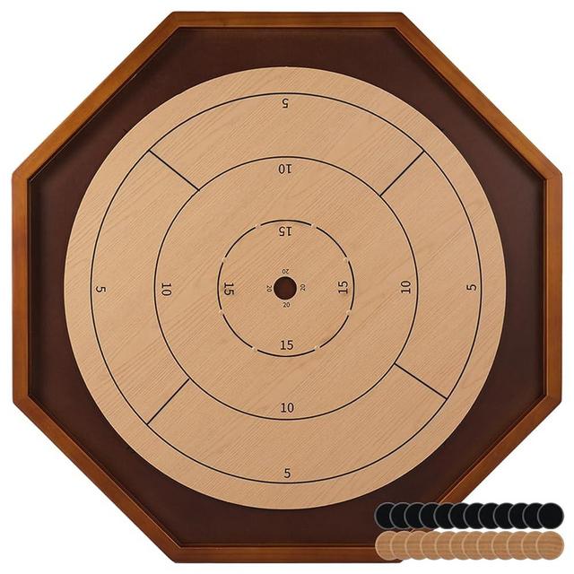 Wahartoly 27in Wooden Octagon Classic Crokinole Board Game Tournament Dexterity Games Canadian Heritage Tabletop Game Deluxe Tournament Crokinole and Checkers Set for Families and Friends Light Walnut