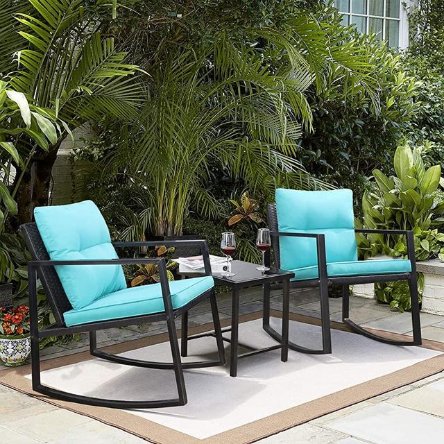 Greesum GS-3RRCSBU 3 Pieces Patio Furniture Set, Glass Coffee Table, Blue