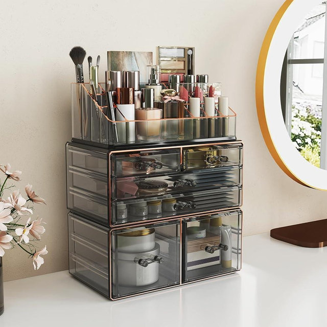 Delamu 3-Tier 6-Drawer Makeup Organizer Countertop Cosmetic Organizer for Dresser and Vanity Bathroom Organizers and Storage for Lipstick Brush Skincare Perfume, Nail Polish, Black with Gilded Borders