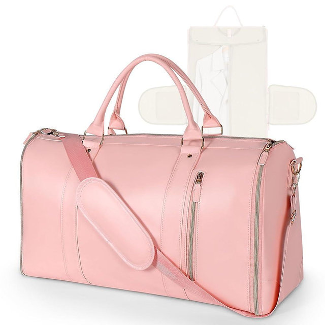 Geestock Garment Bags for Travel, PU Leather Carry On Garment Duffle Bag for Women with Shoe Pouch, 2 in 1 Convertible Suit Travel Bag (Pink)