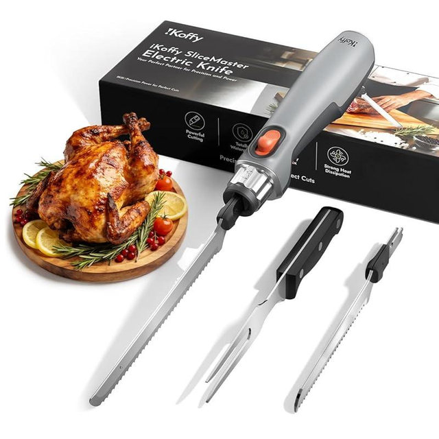 iKoffy SliceMaster Cordless Electric Knife, 45W High-Torque Motor, 9.3" & 10.9" 420 Stainless Steel Blades, Waterproof Rechargeable Electric Carving Knife, Type-C Charge, Safety Lock, Gray