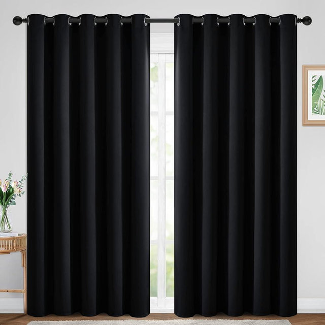 Yakamok 84 Inch Length 100% Blackout Curtains for Bedroom, Light Blocking Drapes Room Darkening Thermal Insulated Solid Grommet Panels for Living Room(70Wx84L, Black, 2 Panels)