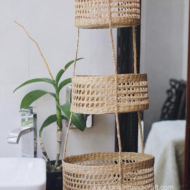 Seagrass Hanging fruit 3-tiers basket, planter, container, natural weave basket, Storage woven weaving basket in kitchen Decor Holder