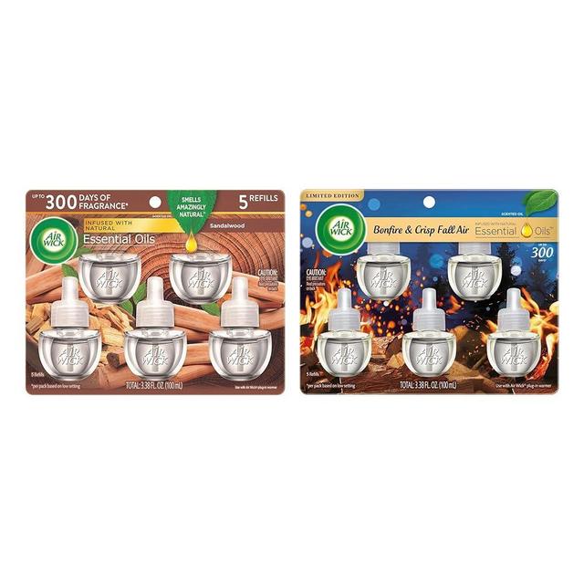 Air Wick Plug in Scented Oil, 5 Refills, Sandalwood, Fall scent, Essential Oils, Air Freshener, Packaging May Vary and Plug in Scented Oil 5 Refills, Bonfire and Crisp Fall Air