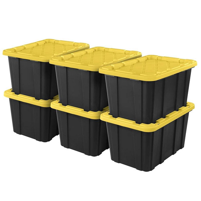 6-Pack Industrial Tote, 27 Gallon Stackable Plastic Storage Bins with Lids - Heavy-Duty Organizing Containers for Closet, Garage, Basement & Office，Black & Yellow