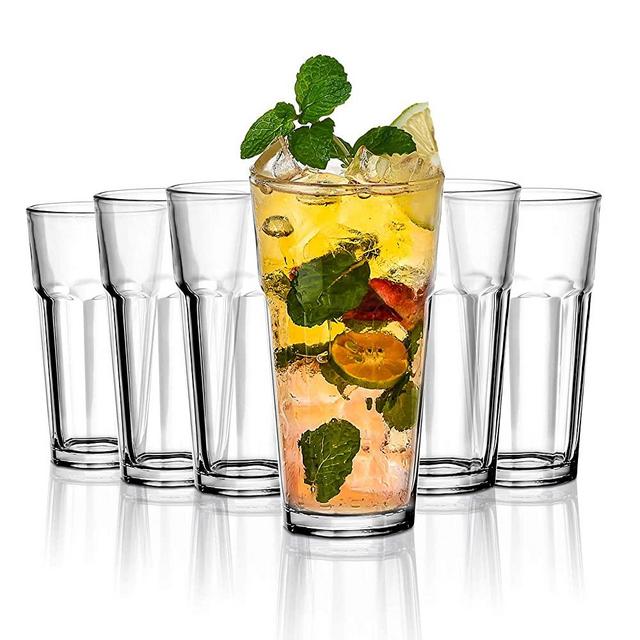 Amisglass Water Glasses Set of 6, 14 Ounces, Tempered Glass Tumbler Set, Heavy Base Highball Glasses, Tall Drinking Glasses for Water, Soda, Juice and Cocktails