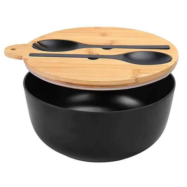 Salad Bowl with Lid, 9.8inches Black Large Salad Serving Bowl Set with Utensils, Bamboo Wooden Salad Bowl with Multifunctional Lid with Handle and Silicone Seal Ring