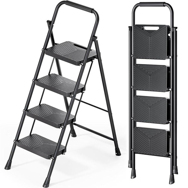 KINGRACK Folding 4 Step Ladder, Portable Ladder for Multi-Purpose, Home, Kitchen, Heavy Sturdy Steel Step Stool with Anti-Slip Wide Pedals, Handrail, Safe-Lock Design, Pass 500lbs Load Testing, Black