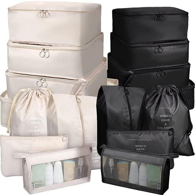 16 Set Packing Cubes Luggage Organizer Bags Travel Suitcases Organizers Luggage Cubes with Toiletry Bag and Shoes Bag (Black, Beige)