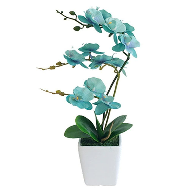 YSZL 15 Inches Tall Artificial Silk Phalaenopsis Orchid Flower Plant Pot Arrangements (Golden Blue)