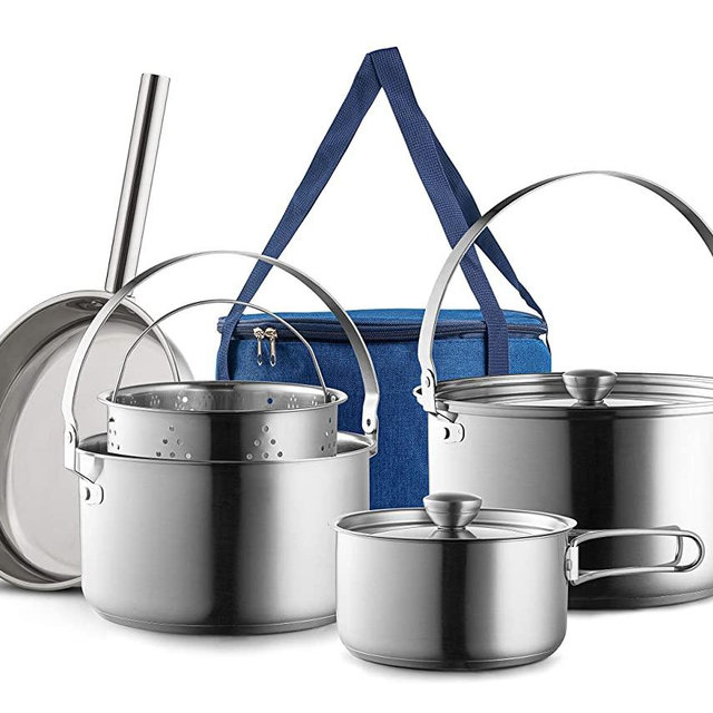 Camping Cookware Set 304 Stainless Steel 8-Piece Pots & Pans Open Fire Cooking Kit | Frying Pan Steamer with Travel Tote Bag | Compact For Outdoors & Indoors Kitchen Family Campfire Hiking RV
