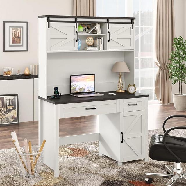 Befrases Farmhouse 47" Executive Desk, Black Computer Desk with 2 Drawers and Storage Cabinet, Home Office Desk with Hutch, Charging Hub, Workspace for Work and Study.