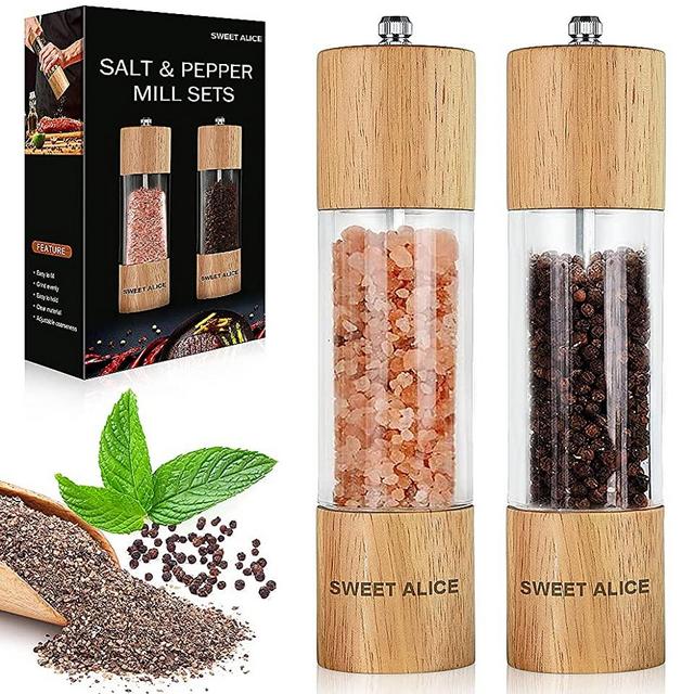 Salt and Pepper Grinder Set of 2, Premium Acrylic and Wooden Material with Large Visible Window and High-Capacity, Adjustable Coarseness, Refillable (8.5'')