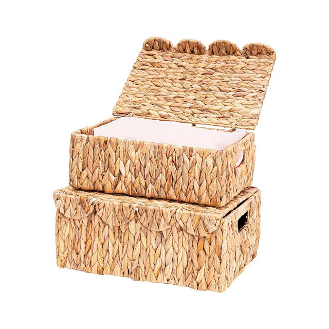 LUSYDECO Scalloped Edge Wicker Basket with Lids, Rectangle Wicker Storage Basket with Built-in Handles, Multipurpose Organizer Rattan Display Boxes for Shelf, Nursery Room, Set of 2
