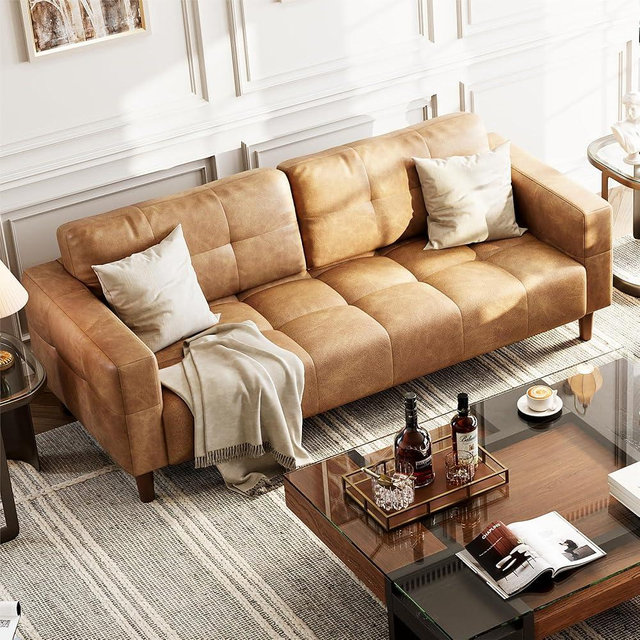 IDEALHOUSE 3-Seater Sofa Couch, 83 in Wide Faux Leather Sofa Couch with Spring Cushion, Modern Sofa with Deep Seats and 2 Removable Back Cushions, for Living Room, Bedroom, Apartment, Brown