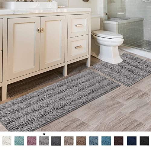 Bathroom Rugs Bath Mats Striped Shag Chenille Bathroom Rug Toilet Sets Non Slip Water-Absorbent Dry Fast Soft Microfiber Bath Contour Mat(47"x 17" and 20" x 20" U Shape, Dove)
