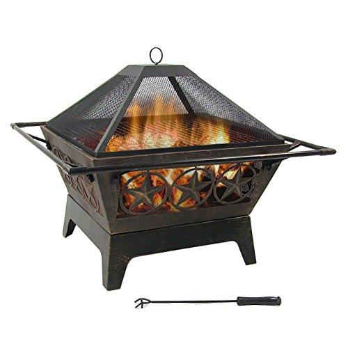 Sunnydaze Northern Galaxy Outdoor Fire Pit - 32 Inch Large Square Wood Burning Patio & Backyard Firepit for Outside with Cooking BBQ Grill Grate, Spark Screen, and Fireplace Poker