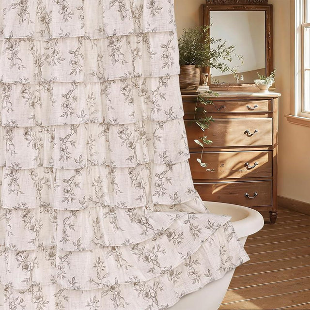 Yinhua Farmhouse Floral Shower Curtain, Brown Ruffle Shower Curtains for Bathroom, French Country Bath Curtain Waterproof Washable, 72 Wx72 L