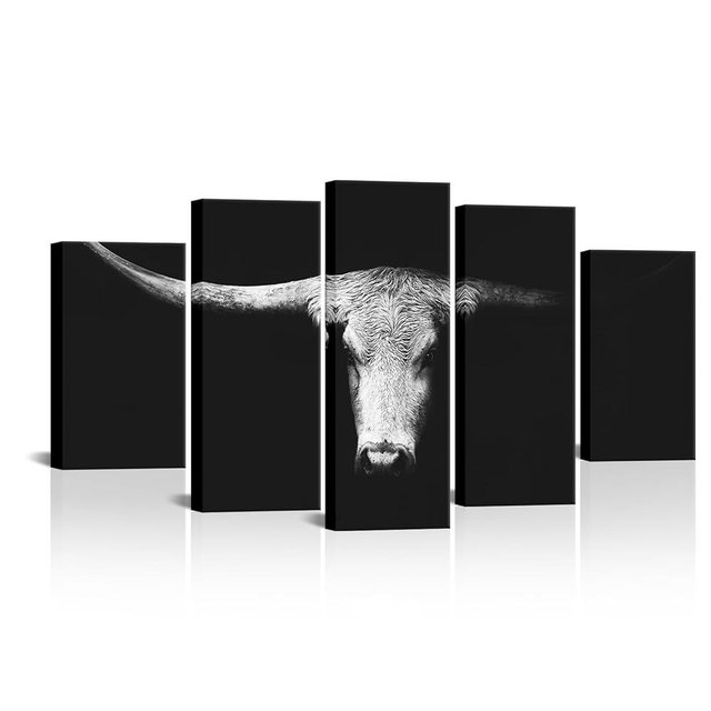 LevvArts Large 5 Pieces Longhorn Cow Canvas Wall Art Black and White Western Cattle Portrait Photo Painting Modern Man Cave Home Office Living Room Decor