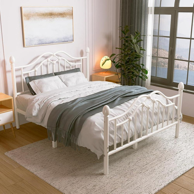 LoVinson Queen Bed Frame with Headboard and Footboard, Modern Metal Platform Bed Frame Support Up to 1200LBS, Under Bed Storage, No Box Spring Needed, Easy Assembly, White