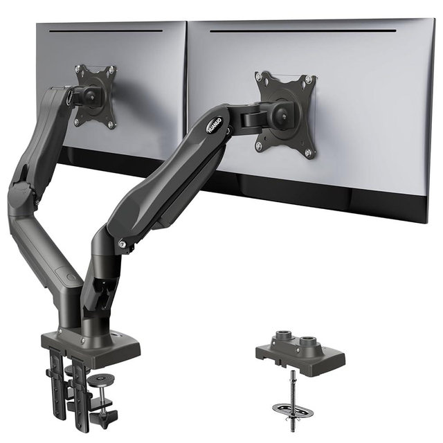 HUANUO Dual Monitor Stand - Full Adjustable Monitor Desk Mount Swivel Vesa Bracket with C Clamp, Grommet Mounting Base for 13 to 32 Inch Computer Screens - Each Arm Holds 4.4 to 19.8lbs -Grey