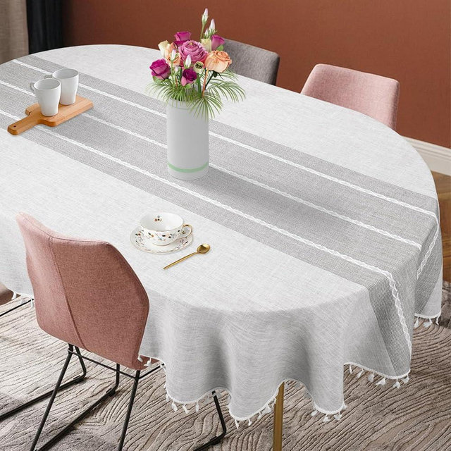 Epedic Solid Embroidery Oval Tablecloth with Tassels for Oval Table, Gray 60 x 84 Inch Lace Dust-Proof Table Cover for Kitchen Dinning, Wrinkle Free Anti-Fading Tabletop Decoration