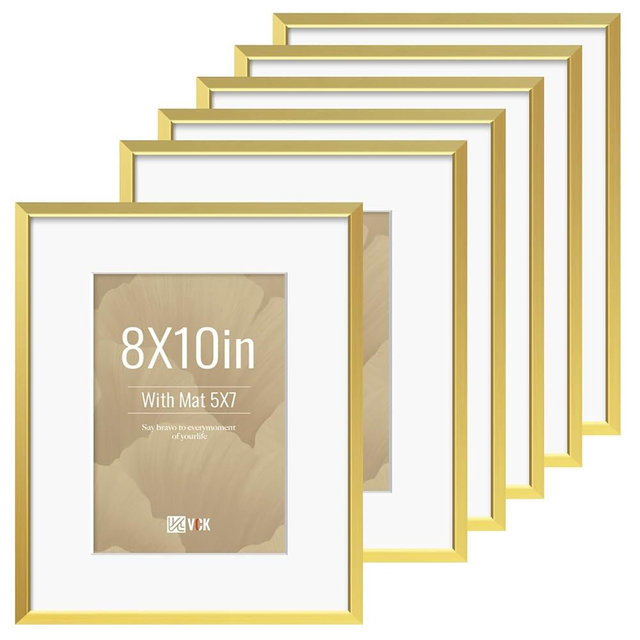 VCK 8x10 Picture Frame Gold 6 Pack, High-End Aluminum Metal Poster Frame with Tempered Glass, Display Photo 5x7 with Mat or 8x10 Without, for Home, Office, Studio and Gallery, Wall Hanging or Tabletop
