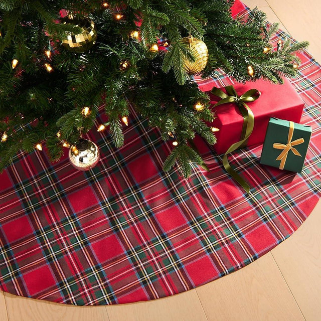 Elrene Home Fashions Stowe Tartan Plaid Cotton Blend Christmas Holiday Décor Tree Skirt, 48" Round, Red